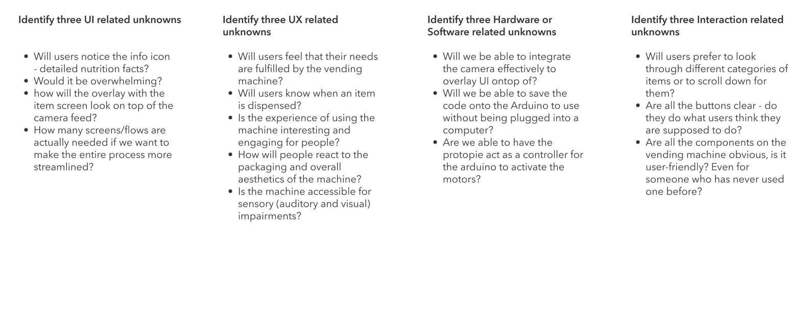 Action Research - Identifying Unknowns: Listing out what we did not know about building the vending machine prototype and what we needed to research further.