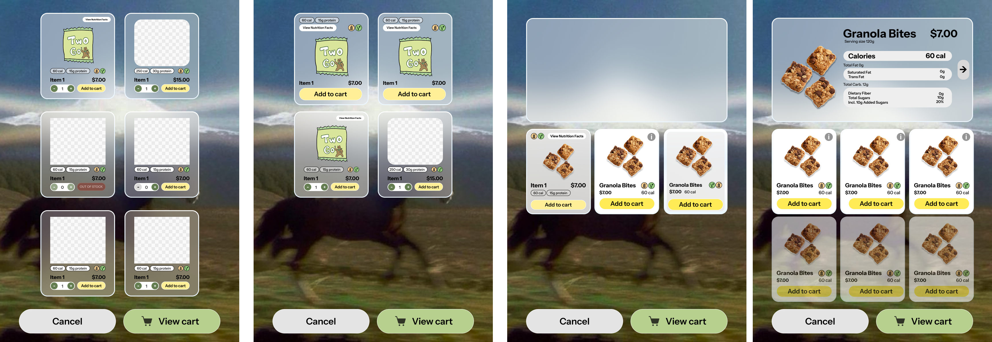 These early iterations explore the core flow of Papa Bear’s Pantry. The design aims to focus on helping users quickly browse snack options and view essential information, The nutrition facts are accessible by simply clicking on an option.