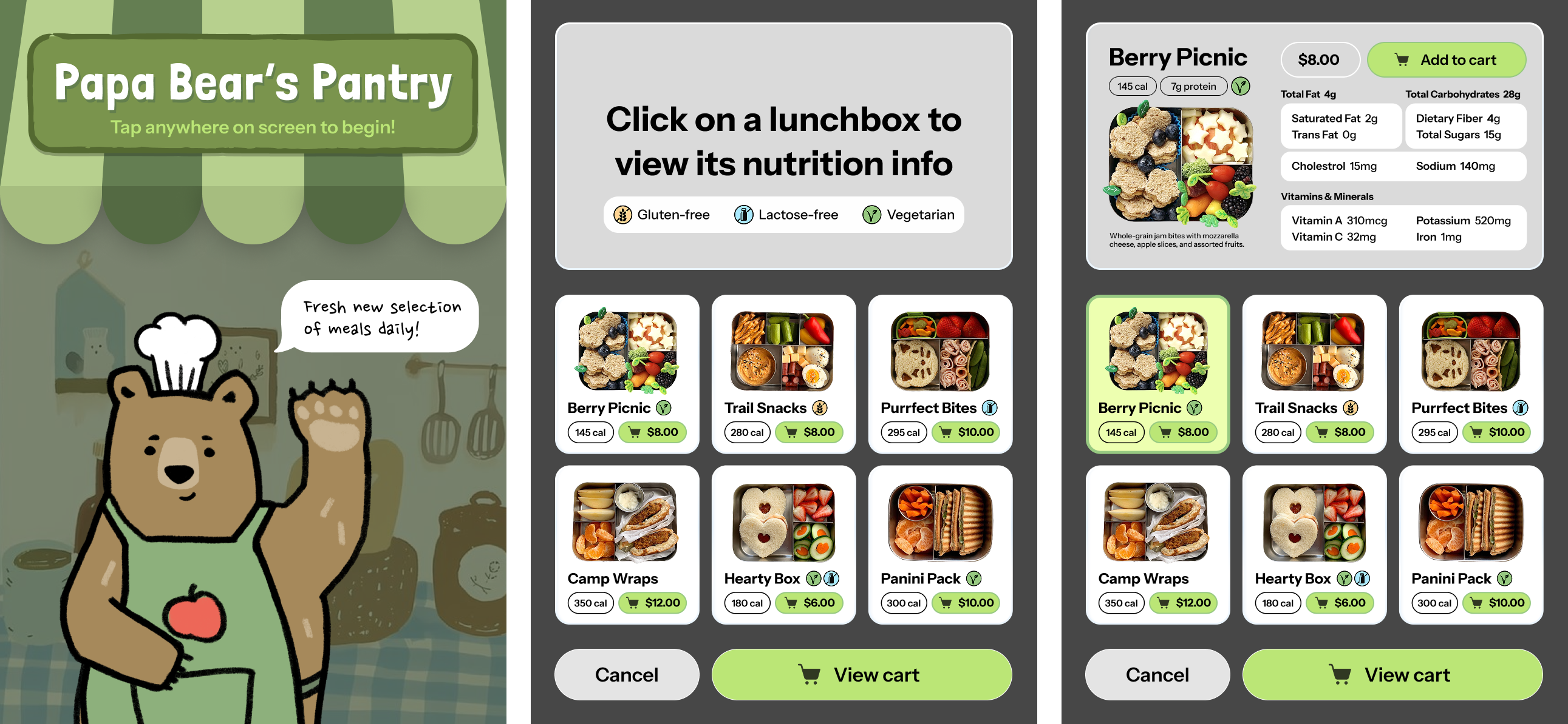 The final screens uses a familiar vending machine interaction model while still showcasing the idea of emotional connection with our Papa Bear mascot. The experience hopes to support users in making quick yet thoughtful decisions while also prioritizing nutrition to make healthier food choices.
