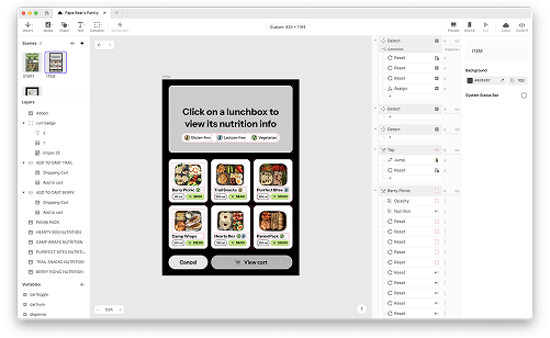 Prototyping the main browsing screen, testing tappable lunchbox cards and the flow for viewing nutrition information.