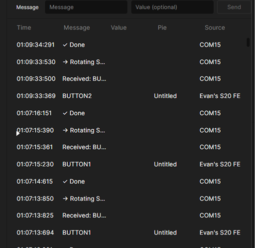 Testing Arduino–ProtoPie communication, using serial logs to confirm button inputs and motor triggers were being received correctly.