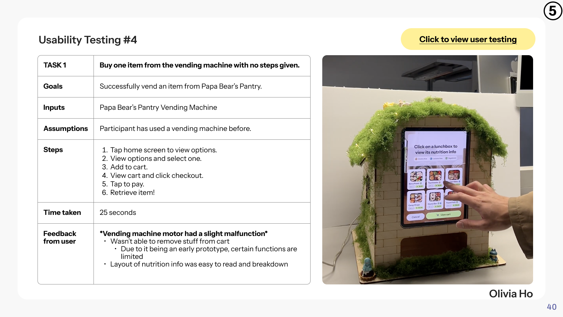 *Vending machine motor had a slight malfunction* User 4 Feedback: Wasn’t able to remove stuff from cart, Due to it being an early prototype, certain functions are limited, Layout of nutrition info was easy to read and breakdown